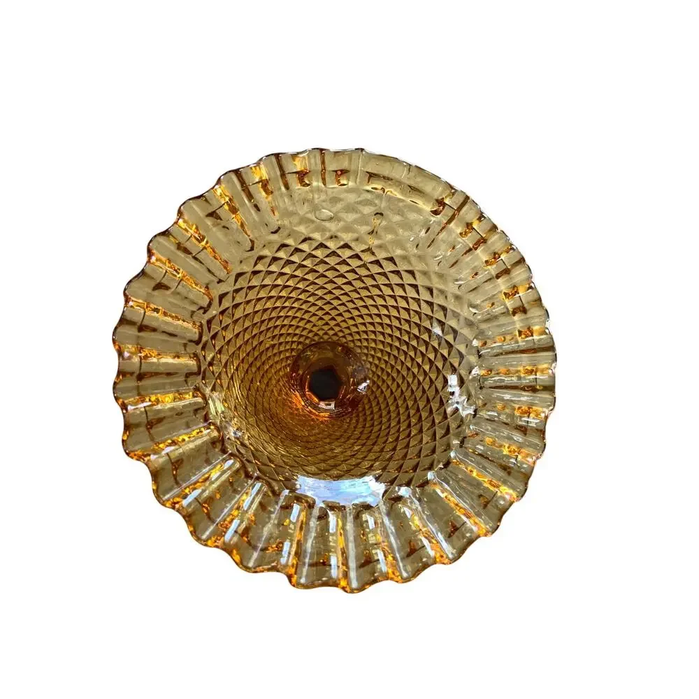 Vintage Amber Glass Ruffle Diamond Pattern Compote Stemmed Candy Dish
